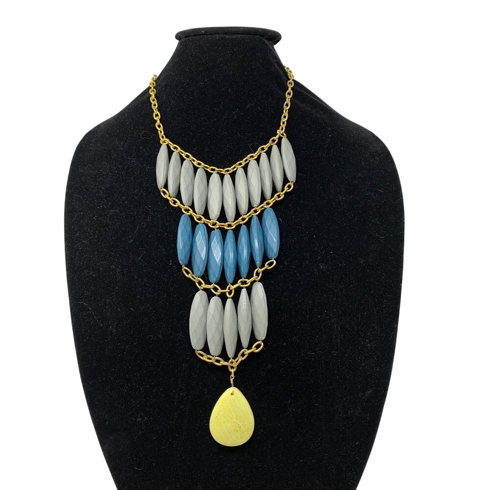 Anthropologie David Aubrey Multi Layered Statement Necklace Gray Blue Yellow